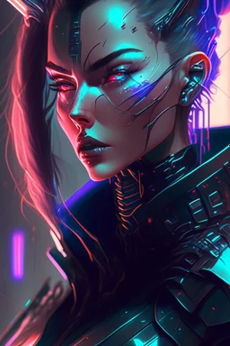 a cyberpunk woman warrior, Intense, Dark, Futuristic, Highly detailed, Digital painting, Artstation, Concept art, Dramatic Lighting, Sharp focus, Illustration, art by lois van baarle and rossdraws and artgerm and sakimichan, augmented reality, holographic interface