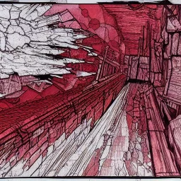  line Art coloured, destroyed, post apocalyptic, darkred tones,