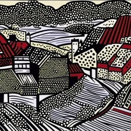 A dark red village with a port painted by Roy Lichtenstein