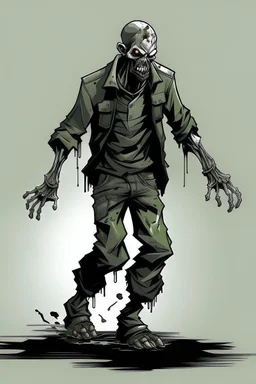 zombie, drooling black liquid, full body, attacking, profile ,comic book, post-apocalypse, gray background,