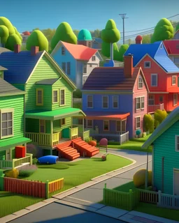 Hyper-realistic Pixar style american suburb with colored houses walker view