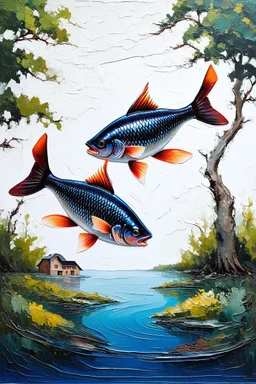 A dreamy and artistic abtrac impasto oil painting of a house in the wood on a lakfeaturing two elegantly intertwined fish swimming in harmonious motion. Thick, expressive brushstrokes bring texture and depth, with soft blues, black, and red tones blending seamlessly to create a flowing, ethereal effect. The minimalist yet vibrant composition is set against a clean white background, enhancing its modern and stylish appeal. The luminous, fluid movement of the fish captures theessence of fish betta