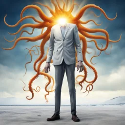 occult transience, SUN STAINS THE SKY, shaky glitchy grainy illustration, Antarctic scientist with tentacles legs growing out of split head, failing the reality test, surreal, sinister, profound, fantastical, by Ben Goossens