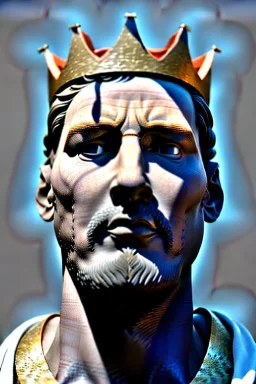 Ultra Realistic image, Roman sculpture, white marble material, Lionel Messi, gold crown of natural thorns, god crown, Miguel Angel style, sun rays background, waist up portrait, epic, celestial, cinematic lighting, God lights, 4k resolution, smooth details, soft lighting, unreal engine 5, art station, substance 3d.