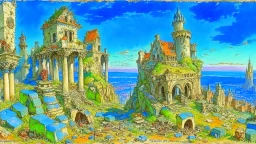 Destroyed City, medieval ruins, debris, stone, breched, brocken, Perspektiv from the sky, by Jean-Baptiste Monge, Ivan Bilibin, Albert Bierstadt, Reza Badrossama, watercolor, intricate details, fantasy, beautiful, oil on canvas, award winning, imperial colours, fantastic view, radient colours, very attractive, crisp quality