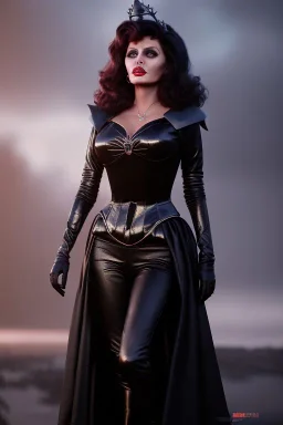 young sophia loren as evil queen in black leather, angry, stern look, volumetric lighting, particales,highly detailed,cinematic, deep colours,8