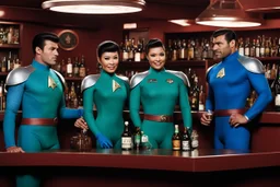 [Star Trek, drinking] a few engineers in underwear uniforms doing iconic advertisement for Saurian Brandy, Romulan Ale, Andorian ale and Bloodwine at the bar of the starship