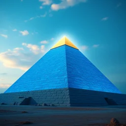 A hyper-realistic, A pyramid with a blue glow above the azure sky. the top is gold., Photo Real, HOF, full size, practicality,manufacturability,performance, (((realism, realistic, realphoto, photography, portrait, realistic, elegant, charming, apocalyptic environment, professional photographer, captured with professional DSLR camera, trending on Artstation, 64k, ultra detailed, ultra accurate detailed, bokeh lighting, surrealism,