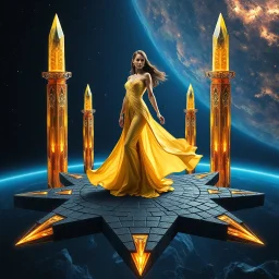 A breathtaking cosmic fantasy scene featuring a stunningly realistic beautiful woman with a perfect face and sculpted figure standing gracefully at the center of a floating geometric platform in deep space. She wears an elegant flowing gown in vibrant gold and blue hues that billow around her perfect form. The platform is constructed from dark cobblestone-like blocks arranged in a cross or star shape. Surrounding her are magnificent crystalline towers and pillars in gold, amber, and electric b