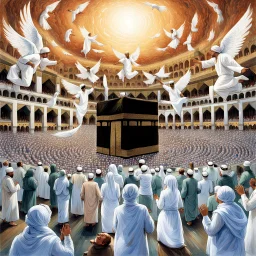 The scene in Mecca: People wearing white Ihram clothes, men without head coverings, women with veils, circumambulating around the Kaaba, and above them are transparent white spirits of children, men, and women with wings revolving around the Kaaba.