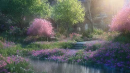 verybeautiful-magical-garden-of-the-angelic-kingdom-blue-and-pink-plants-and-trees-small-river-sunshine-flowers-haze-thumb-rainbow-ufo-bright-colors-light flowers