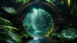 A magical portal leading to a hidden world where all the "missing episodes" unfold. Creatures, characters, and scenes from these unseen adventures peek out from the horror portal dark jungle palms, inviting viewers into horror the mystical tales. highly detailed eyes and hands and lips, HDR, 8K, ultra detailed, High quality