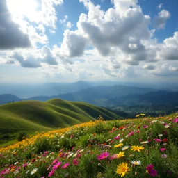 beautiful Green hills covered with flowers colorfull ,blue sky heavy clouds with godray ,very nice flowers at closeup ,wonderfull mountains at distance,beautiful lady standing at hills full body shot look at camera