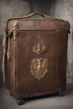 in the BASEMENT there is an old, broken brown oblong leather chest with short handles, with a hole on the side, gold coins from the time of Catherine the Great fall out of it. The ancient coat of arms of tsarist Russia, the double-headed eagle, is BARELY VISIBLE on the bag. All in high quality 8K