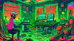 a detailed cartoon neon psychedelic music producer all alone in his music studio. analog music equipment all over. rare rave posters on the walls. tiny details in every corner of the room. cactus and plants scattered in the room. producer is also a dj so 2 turntables and a mixer. mushrooms growing out of his head and the walls. music flowing through the air.
