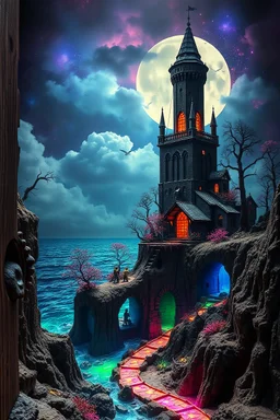 a gothic girl's head, around a towering vintage an adventure open section that intricately reveals a diorama landscape a photo manipulation game Surreal, with a horror setting featuring eerie, dark elements, voids, and gowns blending into a nightmarish landscape with hollow trees, holes, and empty spaces that run parallel to the shore on a dazzlingly towering seabed filled with colorful and bright patterns inspired by the beauty of the seabed wrapped in barbed wire, bright neon colors, glass wal