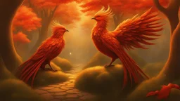 Slavic mythology enchanting garden with lush greenery and beautiful stone winding paths, with small lanterns in the trees. Depict only one creature: the Firebird. The body of the Firebird is adorned with feathers of vibrant red, orange, and gold, each one glowing with an otherworldly brilliance.