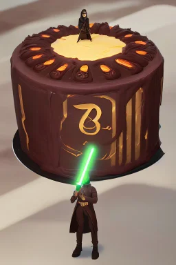 sponge cake filled with chocolate topped with a marzipan Jedi holding a lightsaber