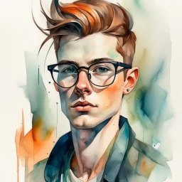 watercolour, large strokes, stylistic, portrait, illustration, dull colours, young, 20-something male, has a certain aura of confidence,sharp facial features, slick angular glasses.