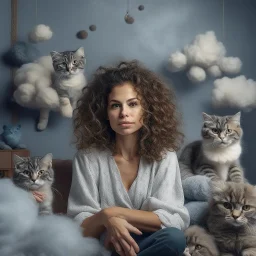 Portrait of woman with curly hair sitting in room full of clouds and fluffy kittens