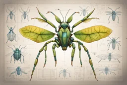 Hand drawn technical illustration , with detailed blueprints and engineering schematics of a robotic walking leaf insect, with highly detailed features, drawings, and technical notation, 8k, vibrant natural colors