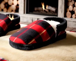 Red plaid slippers laying on a bear fur rug by log cabin fireplace