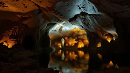 Vast underground cave system. Enormous and impressive. Illuminated: Well-designed lighting makes the structures and textures clear. Precious stones glint and twinkle in the walls of the cave. A dark still lake. Beauty and awe-inspiring majesty. colour photograph.