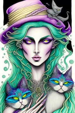 Witch, playing with cats, perfect iris, ink and pencil, pastel colours, style Elizabeth Kreitz