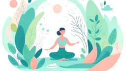 Create a serene and playful illustration for a yoga and well-being website. Use a soothing color palette and depict a tranquil yoga scene with a yogi in several yoga poses surrounded by nature.