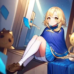 Clear focus, High resolution, Rough line, cute, cartoon style, blonde short hair, golden eyes, long locks, spiky hair, wearing a white sleevless shirt, wearing a blue cloak, wearing a light blue skirt, wearing white long socks and brown shoes, smiling, 1girl, sitting