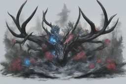 Venom Shadow symbiote in 8k realistic anime drawing style, Deer skull, non-eyes, blue neon crystal Antlers, dark snow forest, intricate details, highly detailed, high details, detailed portrait, masterpiece,ultra detailed, ultra quality