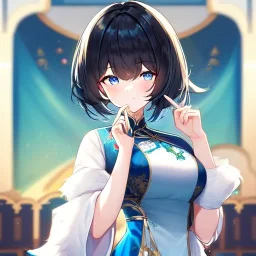 Clear focus,High resolution, Black short fluffy hair, and blue eyes, wearing a Chinese Traditional outfit dark green with black, Blushing, Hand up, white fur around her neck