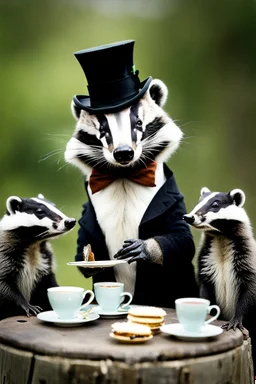 Anthropomorphic European badger wearing a monocle and tophat having a tea party with his animal buddies. Photograph.