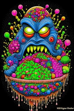 Monster made of ice cream, candy, gum drops, sprinkles tattoo design, traditional tattoo style, t-shirt design, fantasy art, digital painting, clean dark background, 8K by R. crumb, Todd Schorr, Robert Williams, Alex Alemany