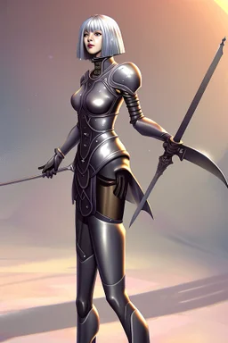 full body picture of a skinny woman with a bob, in silver armour, holding a curved sword, futuristic steampunk background