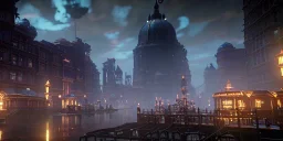 a beautiful steampunk city, tiny details, intricate, detailed, volumetric lighting, steam, rainy, reflective