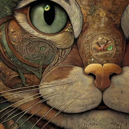 Detailed Surreal Portrait of cat with green eyes by Van Gogh in muted colors.