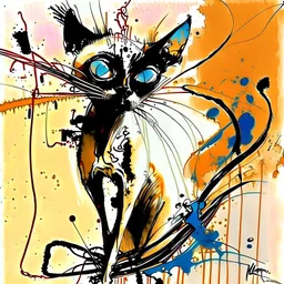 Siamese cat,enigmatic genius of Ralph Steadman. vivid images sprang forth, creating a surreal tapestry of emotions. inked lines danced with chaos and precision, capturing the essence the intensity and rawness of his art, the "Style of Loish" a symphony of colours and lines dancing upon the canvas and every stroke exuded a harmonious balance of elegance and vibrancy.