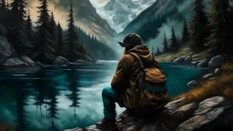 In the oil painting style, deep in the mountains surrounded by darkness, a man wearing hiking clothes and an old hiking bag sat in front of a lake and hit the lake hard to create a big wave, which sent huge vibrations to the mountain on the other side.