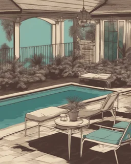 Ecco un prompt che puoi utilizzare per generare un'immagine con l'atmosfera richiesta: --- "Create a vintage-style pool party scene with a macabre twist. The setting should evoke an old-school aesthetic with muted colors and retro elements. The pool area should be empty of people but filled with eerie details: cobwebs hanging from the poolside furniture, an old, weathered pool float partially deflated in the water, and shadows that suggest something unsettling lurking just out of view. The ove