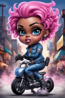 airbrush illustration of the chibi cartoon character, a voluptuous black female in a blue jean outfit with biker boots. Her prominent makeup and hazel eyes, along with her detailed pink pixie haircut, are featured in this image, set against the background of a lively bike show.