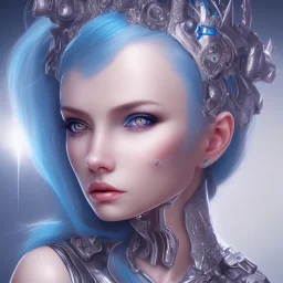 femme,cheveux bleu,couronne métallique spatiale,yeux bleus,peau bleau,combinaison spatiale,lumière