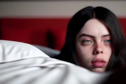 Billie Eilish, on the bed, in my underwear, pale skin, high detail, realistic, 16k, not to be distinguished from a photo, identical pupils