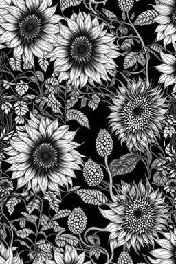 Infinite pattern, tilable, flat texture, leaves, sunflowers, nature, macrame, photorealistics effects, black and white
