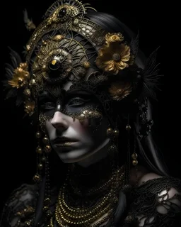 Beautiful young etherial vantablack poppy seed floral headress ed woman portrait adorned with shamanis poppy seed and etherial voidcore poppy seed floral an cocoon headress metallic filigree half face venetian masque ribbed with poppy seed colour wearing carnival style rocco shamanism costume armour poppy seed samanism floral embossed Golden filigree organic bio spinal ribbed detail of full poppy seed floral bloomed background extremely dealed hyperrealistic maximálist concept portrait art