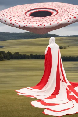 Giant massive huge in stature, majestic entity, hovering and floating over a large field landscape. the entity wears a white and red draped fabric that has printed on the material resembling stars. the fabric has also technological elements. you can see how big it is compared to a tiny human standing in front of it