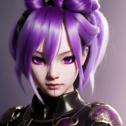 Detailed cute anime Kunoichi girl, purple hair buns, purple bangs, black latex bodysuit, intricate details, full body portrait, keep head in frame, slight smile, black Japanese motif, concept art, highly detailed, digital painting, concept art, sharp focus, illustration, art by Yoji Shinkawa, WLOP and greg rutkowski and alphonse mucha and artgerm and yanjun Chen and Junji ito and Makoto Shinkai, HDR, octane render