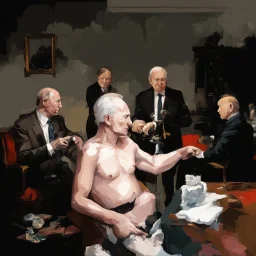 Putin, President Xi Of China And Joe Biden Play Chess With Atomic Bomb Mushroom Cloud,Complex Surgical Instruments Intermixed With A Newborn Boy,Minimalism,Painting By Adrian Ghenie,Rene Magritte,Pablo Picasso,Michelangelo,Salvador Dali,Lucian Freud