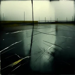 Minimal abstract oil paintings desolate 1960s carpark concrete fragments in a rain storm. style of Justin Mortimer and Francis Bacon. road markings.