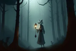 a woman kistune on a forest with a lantern in the night, fox spirits and fog